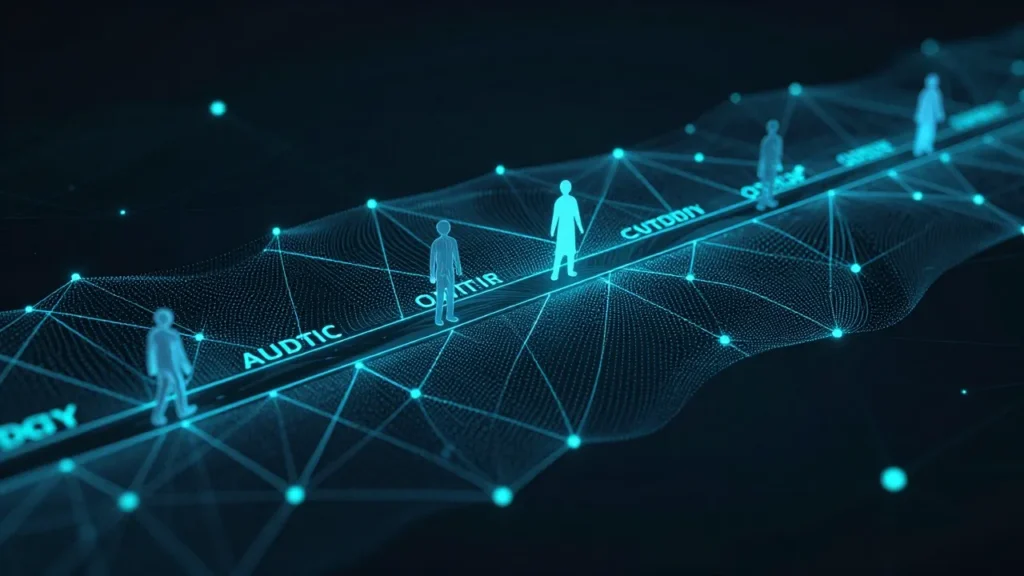 Abstract digital art of an agentic AI system running continuous compliance audit trails through a healthcare organization represented as interconnected glowing nodes