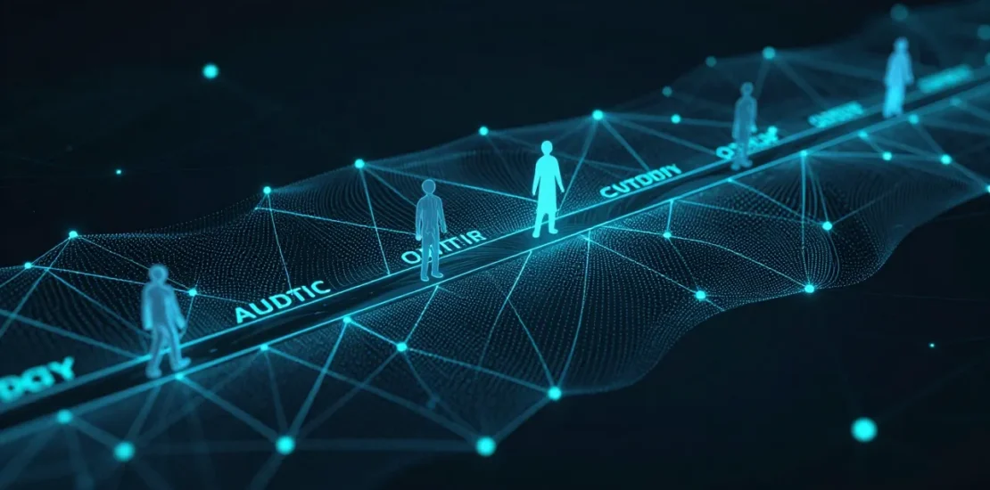 Abstract digital art of an agentic AI system running continuous compliance audit trails through a healthcare organization represented as interconnected glowing nodes