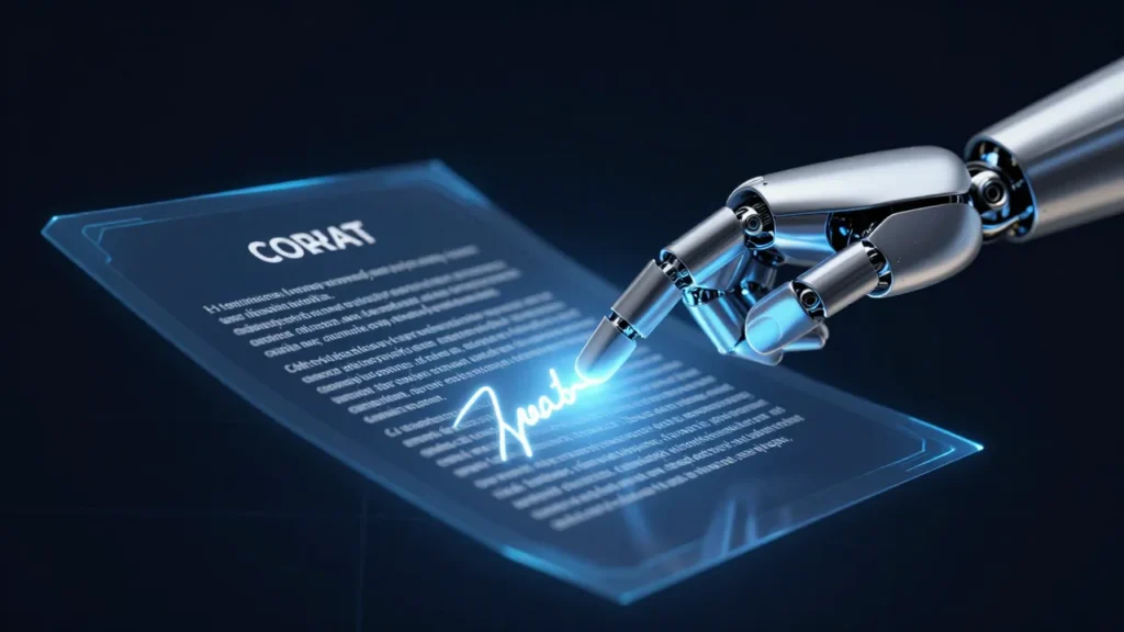 Robotic hand pressing a glowing digital signature on a holographic contract screen