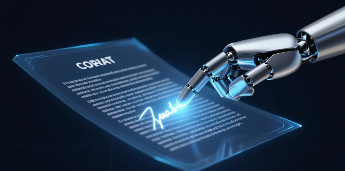 Robotic hand pressing a glowing digital signature on a holographic contract screen