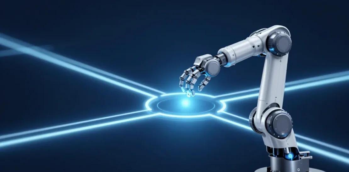Abstract digital art of an autonomous robotic arm making a decision at a glowing network junction with branching pathways