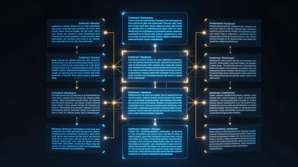 Glowing contract clauses in a structured hierarchy with AI neural nodes connecting the sections