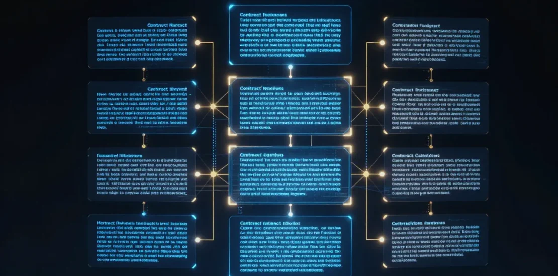 Glowing contract clauses in a structured hierarchy with AI neural nodes connecting the sections