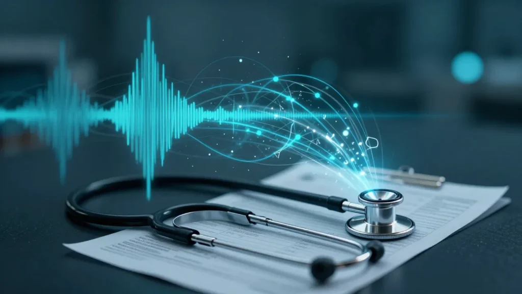 Abstract digital art of a stethoscope with AI audio waveforms transforming into medical record documents