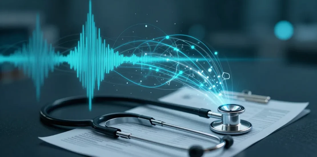 Abstract digital art of a stethoscope with AI audio waveforms transforming into medical record documents