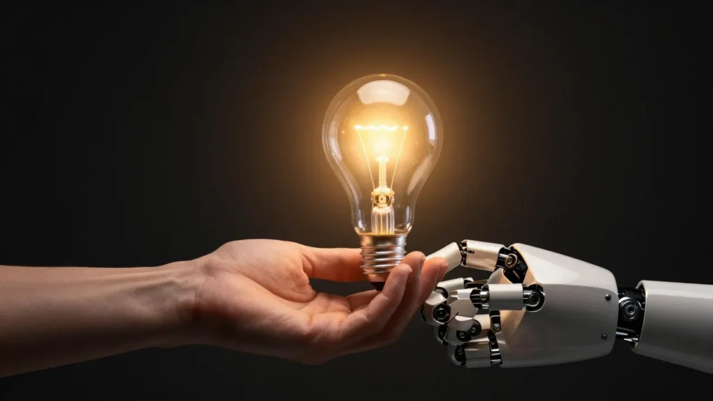 Abstract digital art of a human hand and a robotic hand jointly holding a glowing lightbulb on a dark background
