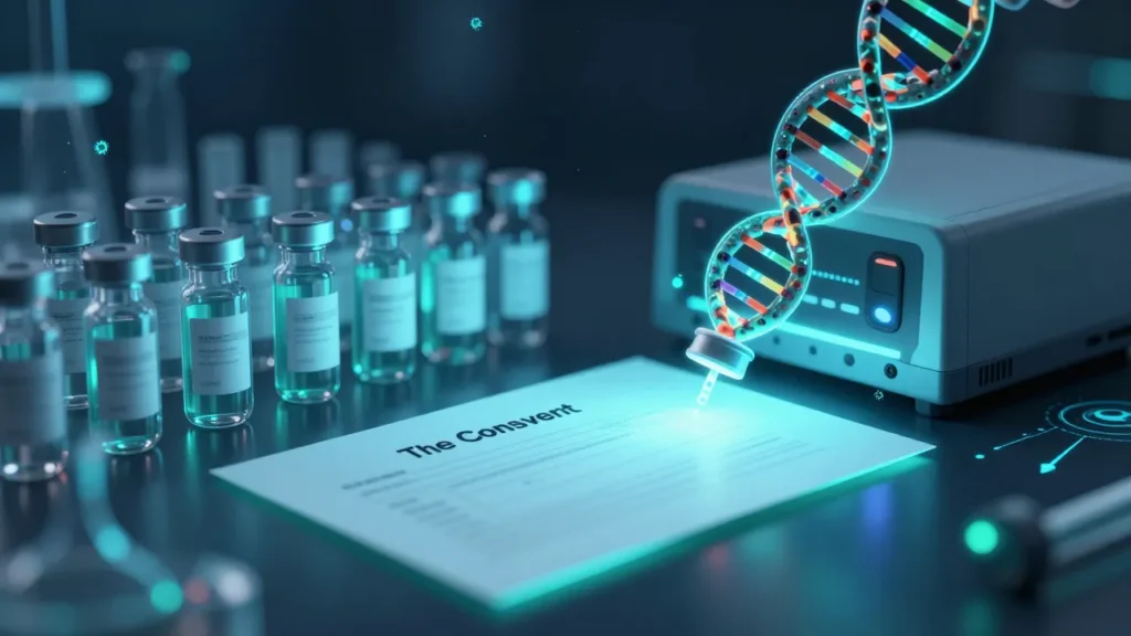 Abstract digital art of DNA sample vials alongside a glowing consent document being fed into an AI training system, biobank research concept, blue and green tones