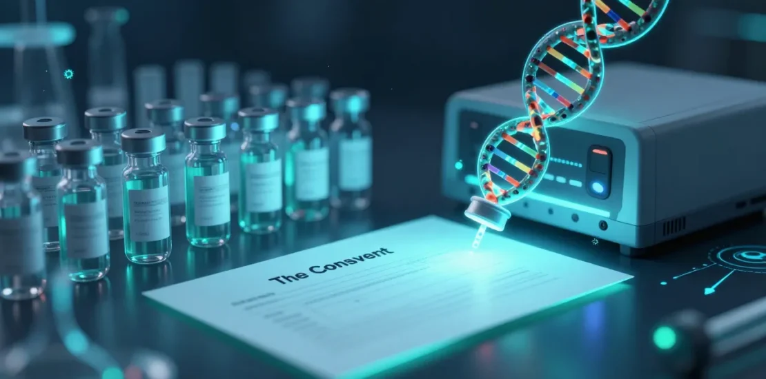 Abstract digital art of DNA sample vials alongside a glowing consent document being fed into an AI training system, biobank research concept, blue and green tones