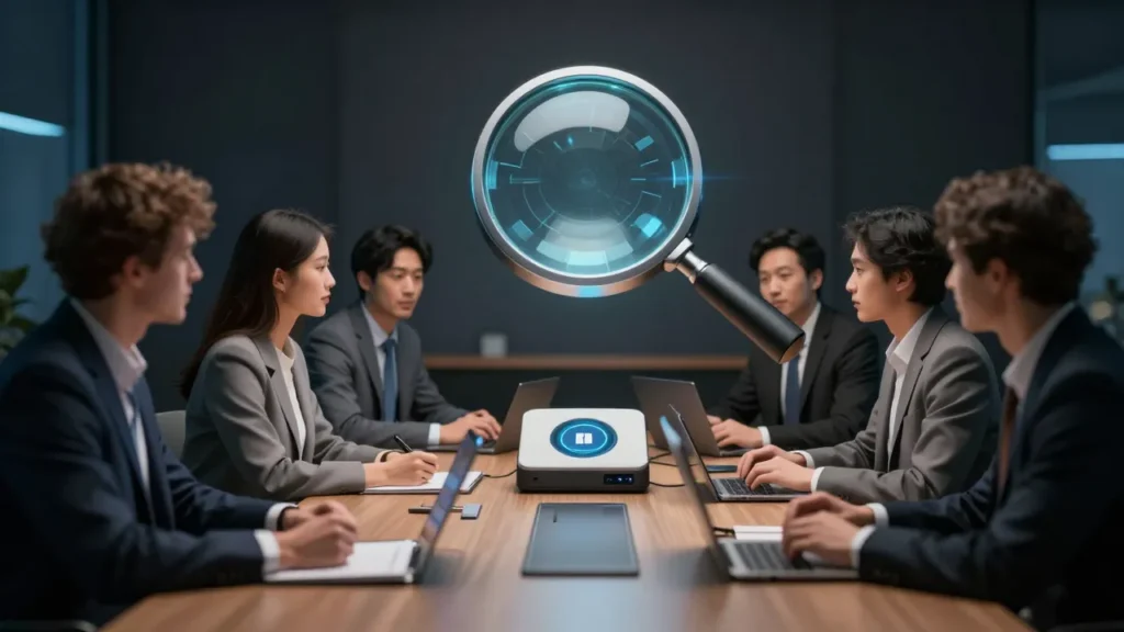Abstract digital art of a corporate boardroom table with an AI transcription system capturing candid deliberations and a discovery magnifying glass hovering overhead
