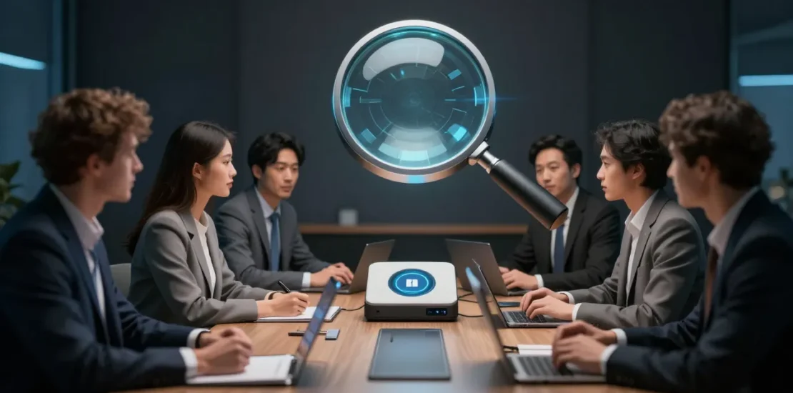 Abstract digital art of a corporate boardroom table with an AI transcription system capturing candid deliberations and a discovery magnifying glass hovering overhead