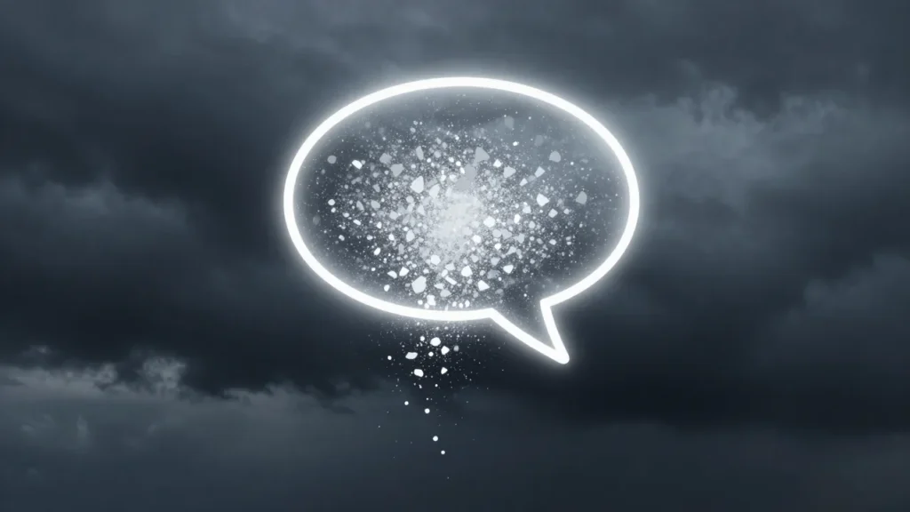 Abstract somber digital art of a glowing chat bubble dissolving into fragmented particles against a dark stormy digital sky in muted blue and gray tones