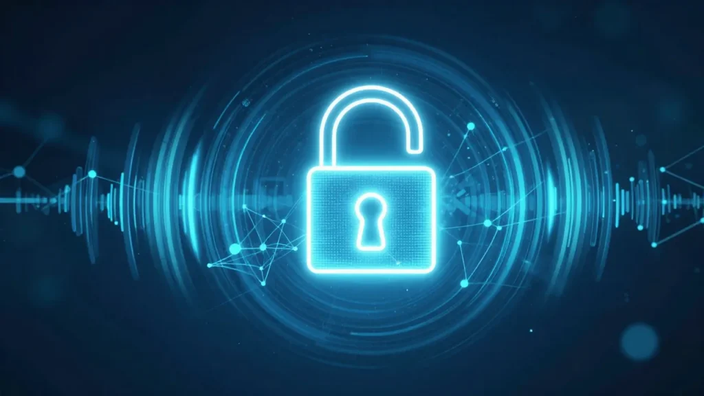 Abstract digital art showing a glowing padlock surrounded by sound waves and network nodes on a deep blue background
