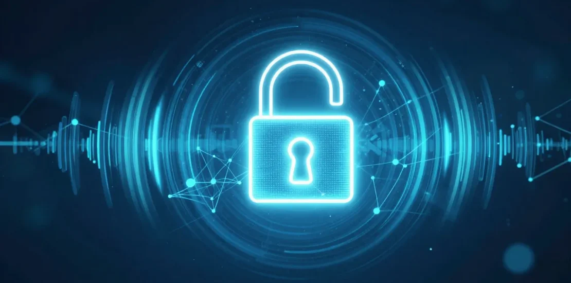 Abstract digital art showing a glowing padlock surrounded by sound waves and network nodes on a deep blue background