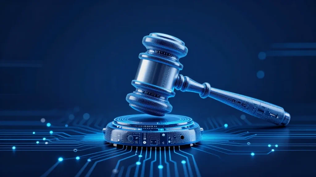 Abstract digital art of a circuit board gavel hovering over data streams on a dark navy background