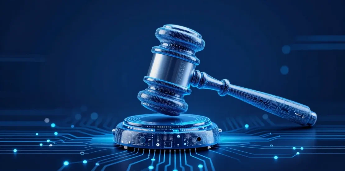 Abstract digital art of a circuit board gavel hovering over data streams on a dark navy background