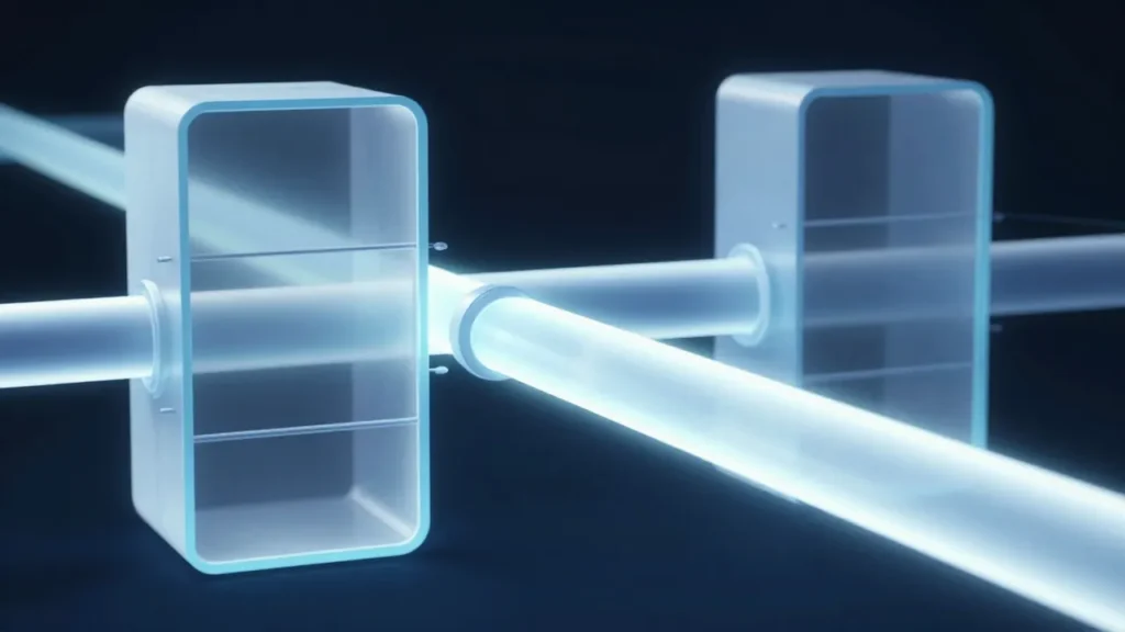 Abstract digital art of a glowing pipeline carrying creative content passing through translucent legal filter gates in blue and white tones
