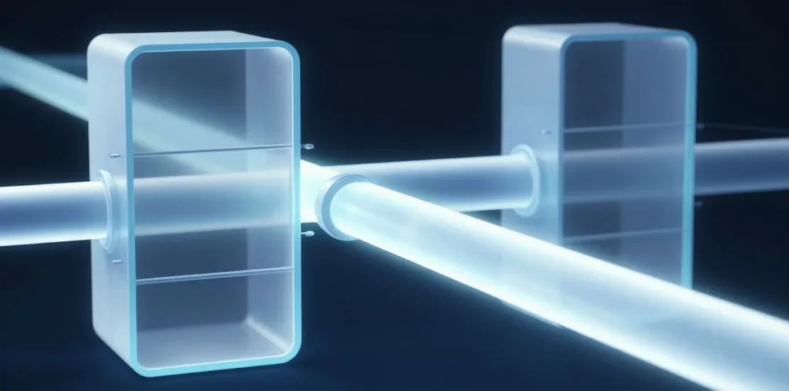 Abstract digital art of a glowing pipeline carrying creative content passing through translucent legal filter gates in blue and white tones