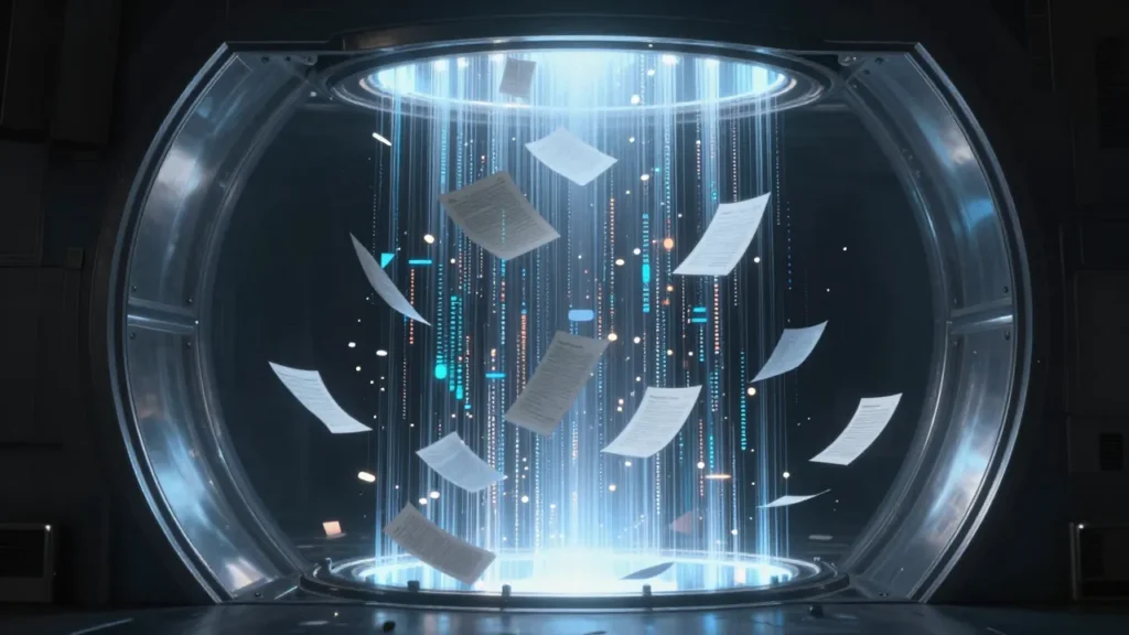 Abstract digital art of a glowing vault being opened revealing cascading data streams and floating document fragments with blue and silver metallic tones