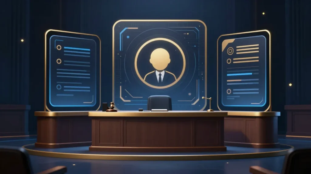 Abstract digital art of a courtroom with corporate AI governance framework elements on display, judicial scrutiny of corporate AI decision-making