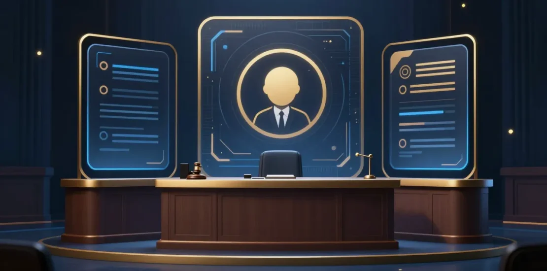 Abstract digital art of a courtroom with corporate AI governance framework elements on display, judicial scrutiny of corporate AI decision-making