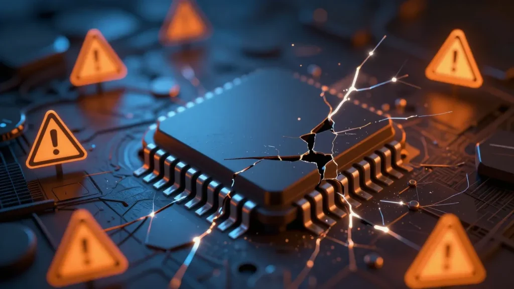 Abstract digital art of a broken microchip with fracture lines and warning symbols in blue and orange tones on a dark industrial background