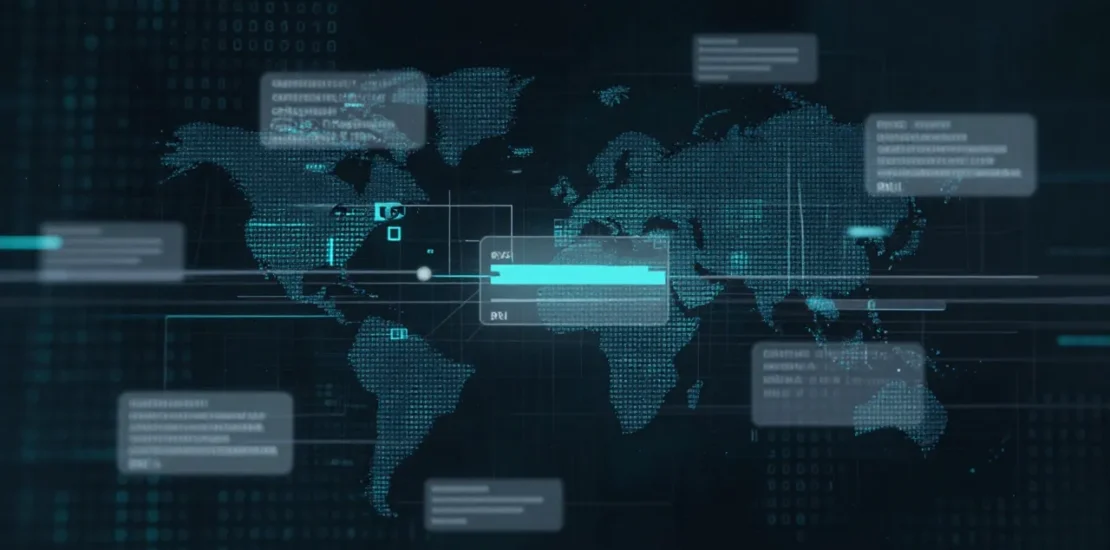 Abstract digital art of patient data points being anonymized and masked through a privacy transformation process with re-identification risk emerging