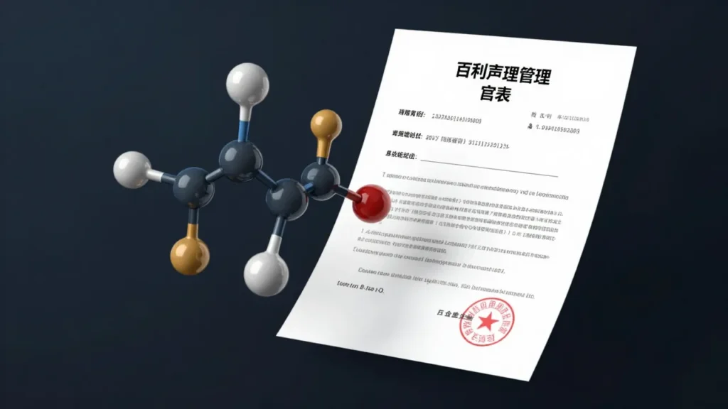 Abstract digital art of an AI-discovered molecular compound transforming into a patent application document with licensing deal elements