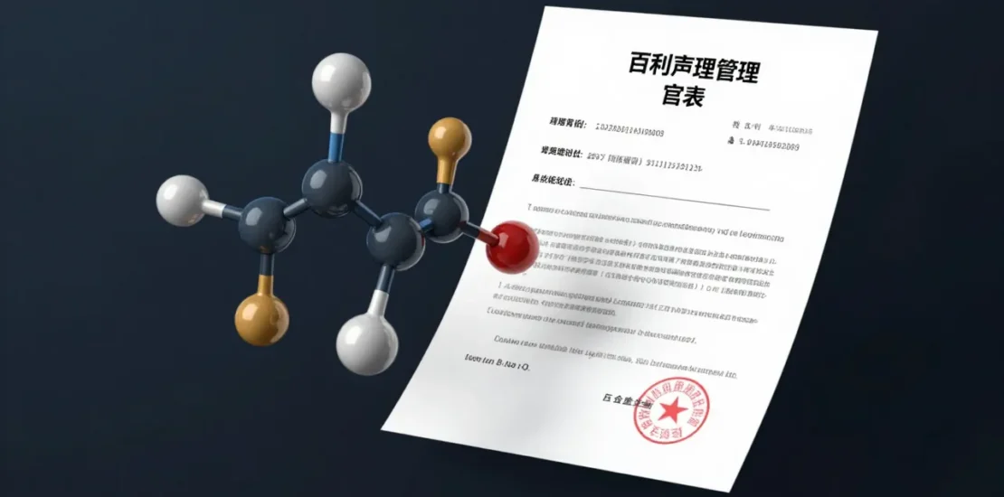 Abstract digital art of an AI-discovered molecular compound transforming into a patent application document with licensing deal elements