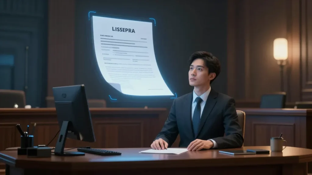 Abstract digital art of an expert witness stand with AI analysis tools and a disclosure document hovering overhead, evidentiary standards concept