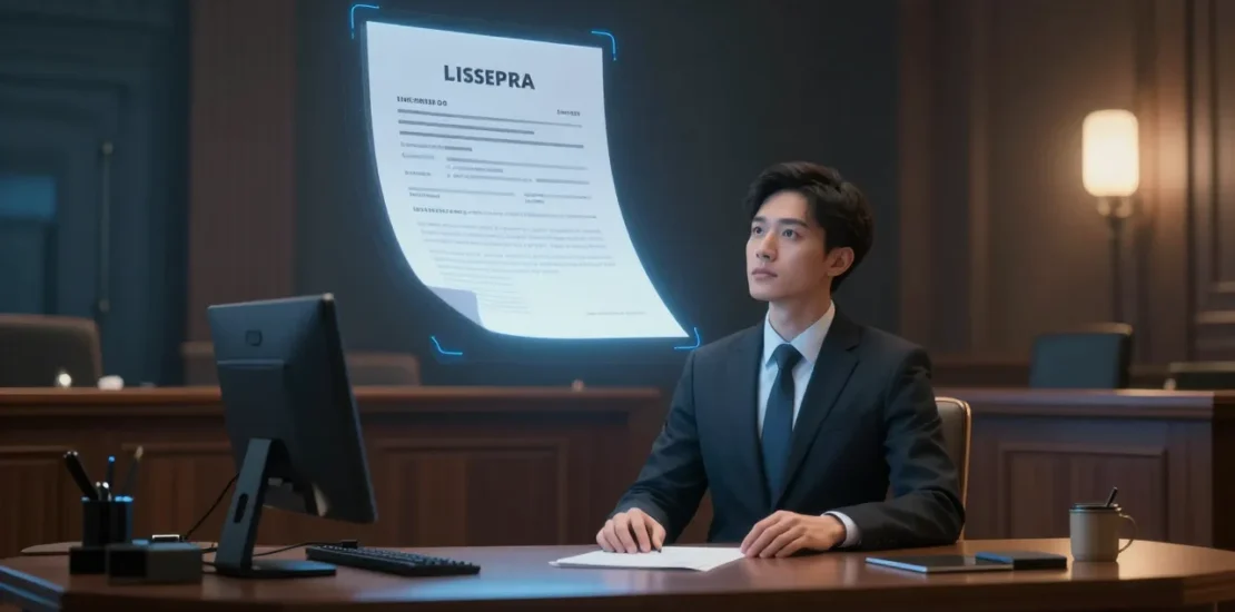 Abstract digital art of an expert witness stand with AI analysis tools and a disclosure document hovering overhead, evidentiary standards concept