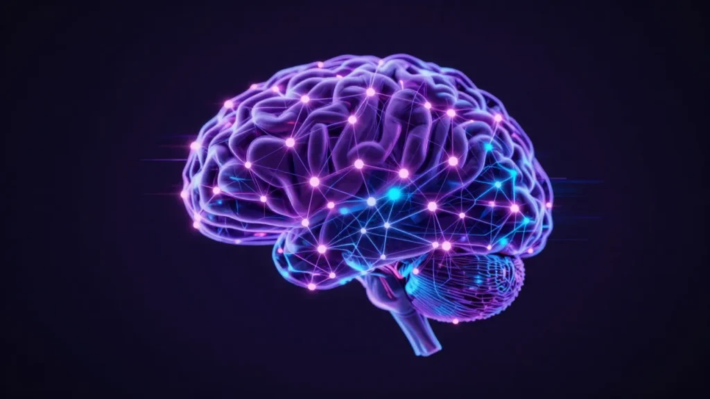 Abstract digital brain made of flickering neural network nodes in deep purple and electric blue on a dark background