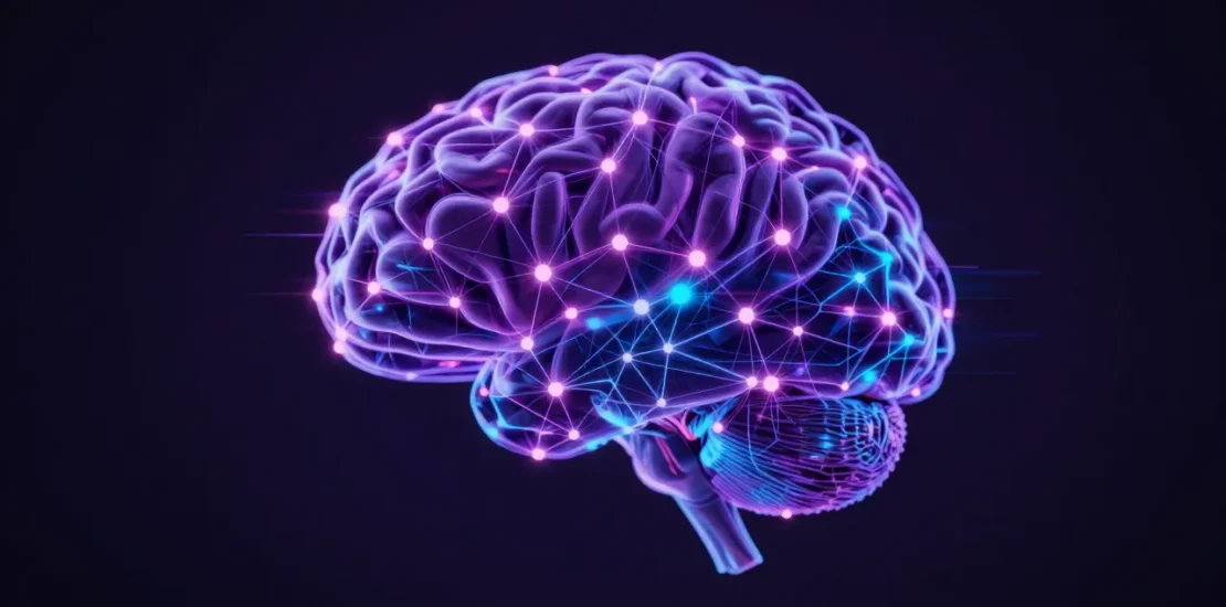 Abstract digital brain made of flickering neural network nodes in deep purple and electric blue on a dark background