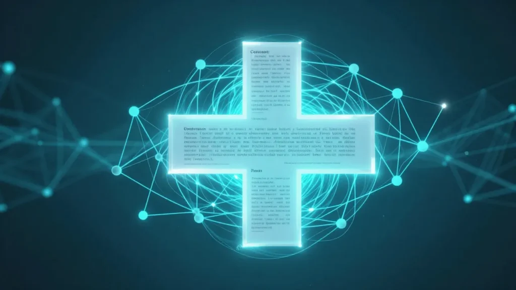 Abstract digital art of a medical cross symbol intertwined with contract document clauses and AI neural network nodes