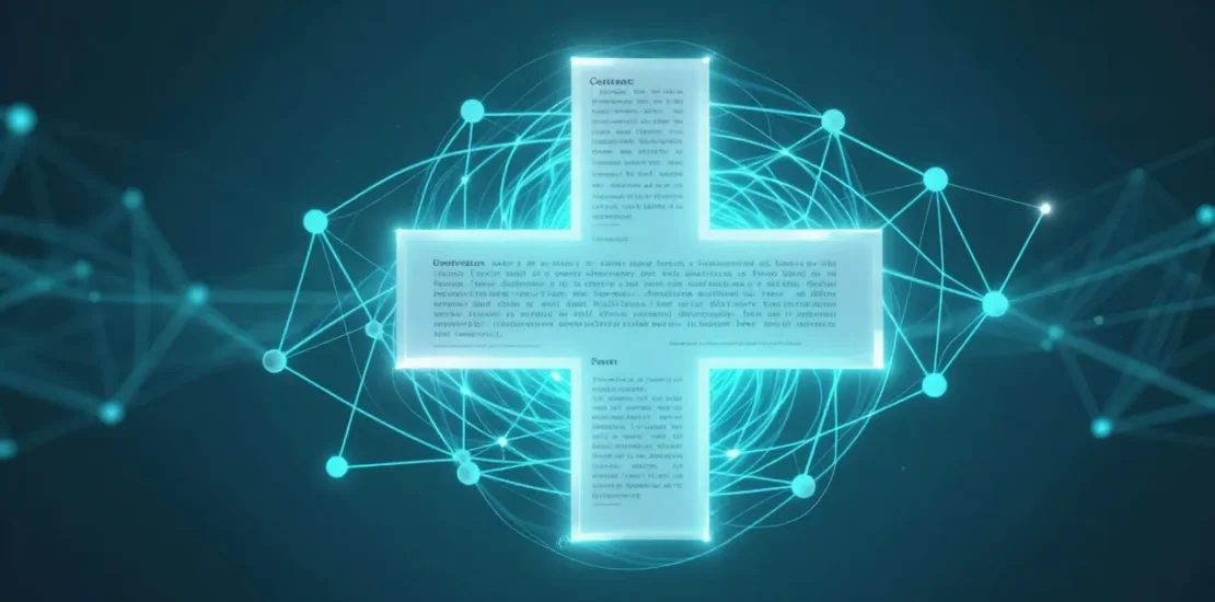 Abstract digital art of a medical cross symbol intertwined with contract document clauses and AI neural network nodes