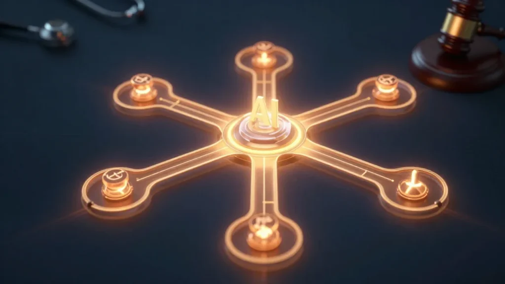 Abstract digital art of five glowing healthcare pathways branching from a central AI hub, with a legal gavel as an oversight element