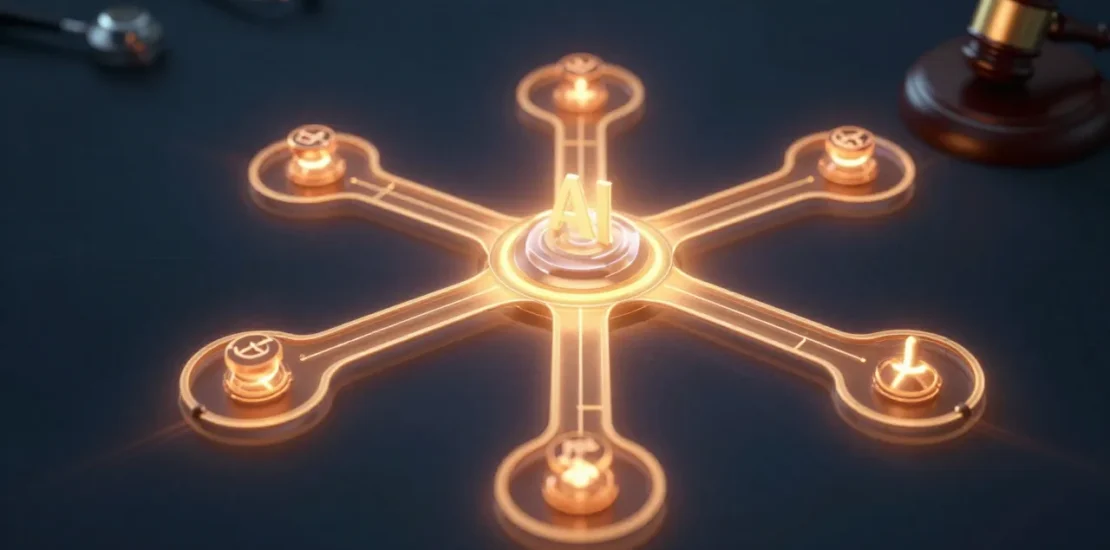 Abstract digital art of five glowing healthcare pathways branching from a central AI hub, with a legal gavel as an oversight element