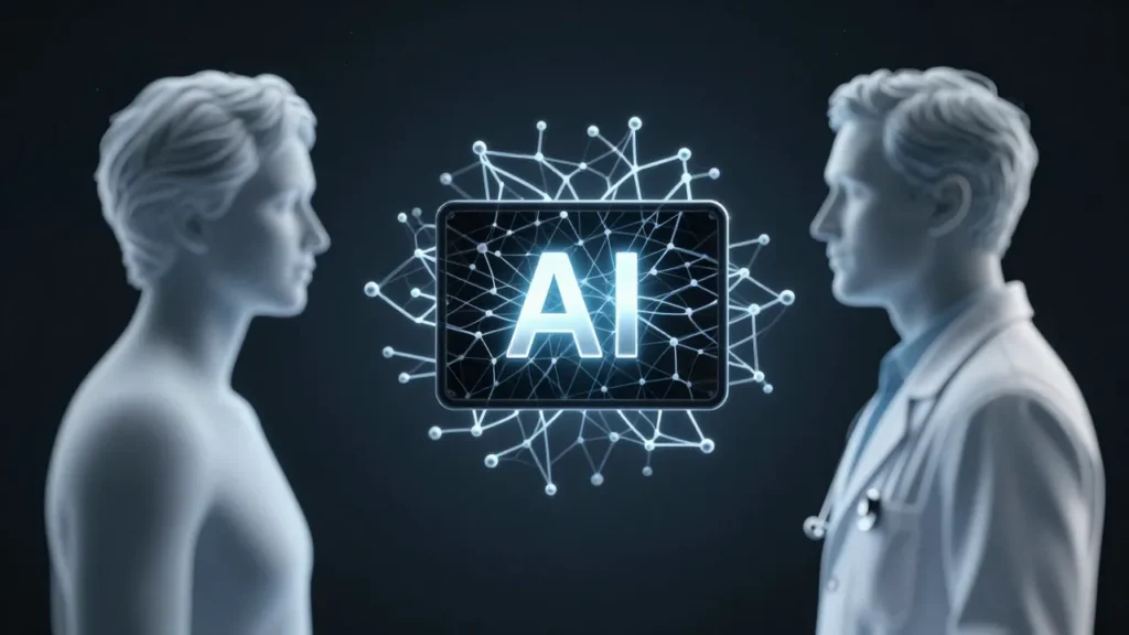 Abstract digital art of patient and physician silhouettes separated by a black box neural network floating between them representing AI black box disclosure problem