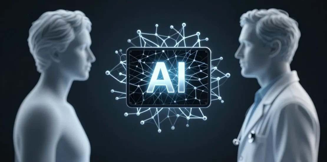 Abstract digital art of patient and physician silhouettes separated by a black box neural network floating between them representing AI black box disclosure problem