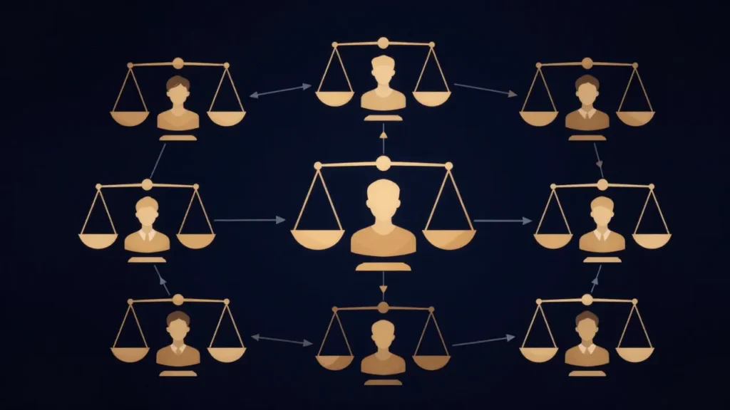 Abstract digital art of an automated credit decision flowchart with fairness scales balancing applicant profiles, AI lending concept