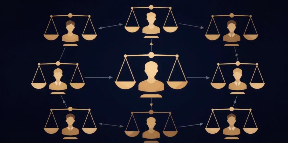 Abstract digital art of an automated credit decision flowchart with fairness scales balancing applicant profiles, AI lending concept