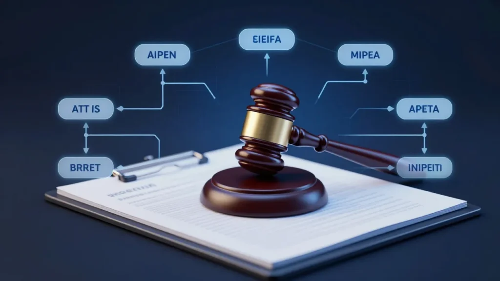 Abstract digital art of a medical algorithm flowchart with a gavel and clipboard hovering over it, clinical AI decision concept