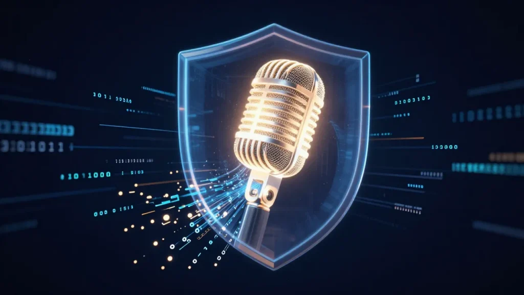Abstract digital art of a glowing microphone dissolving into encrypted data streams surrounded by a privacy shield, representing AI recording and enterprise compliance