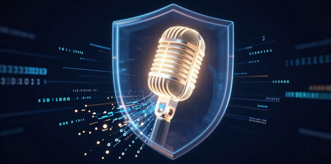 Abstract digital art of a glowing microphone dissolving into encrypted data streams surrounded by a privacy shield, representing AI recording and enterprise compliance