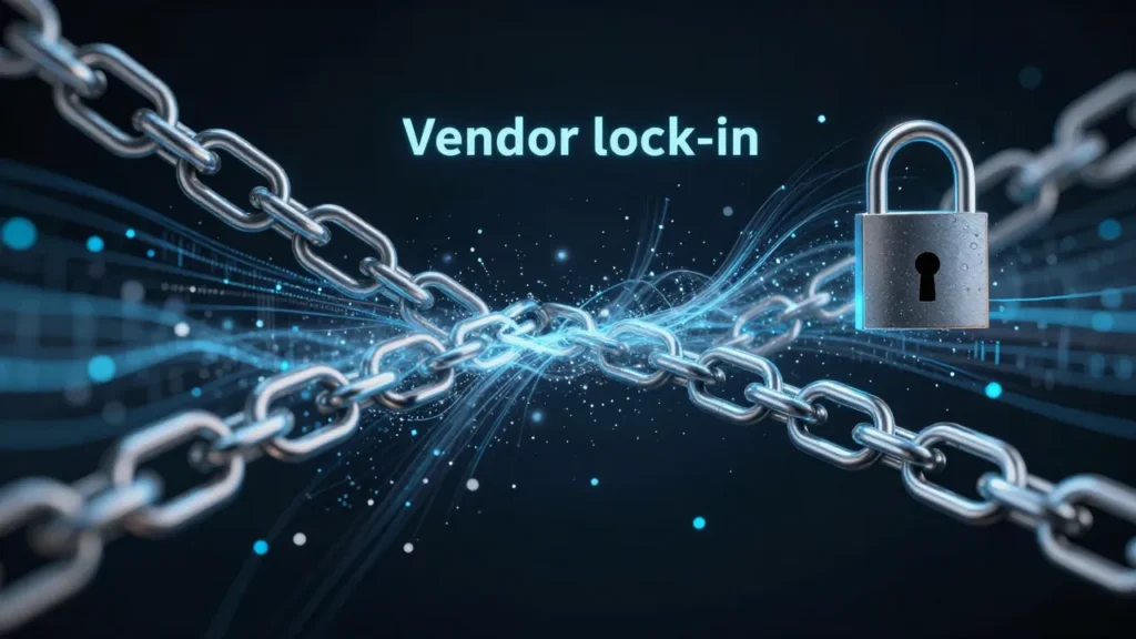 Abstract digital art showing digital chains dissolving into flowing data streams with a lock being unlocked, representing vendor lock-in and data portability
