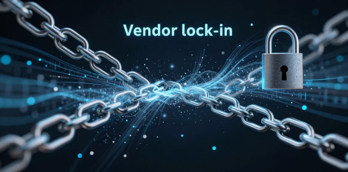 Abstract digital art showing digital chains dissolving into flowing data streams with a lock being unlocked, representing vendor lock-in and data portability