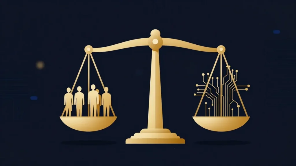 Balance scale with human worker silhouettes on one side and AI circuits and data streams on the other