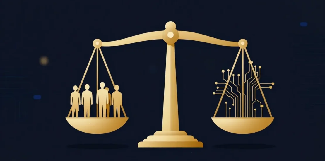 Balance scale with human worker silhouettes on one side and AI circuits and data streams on the other