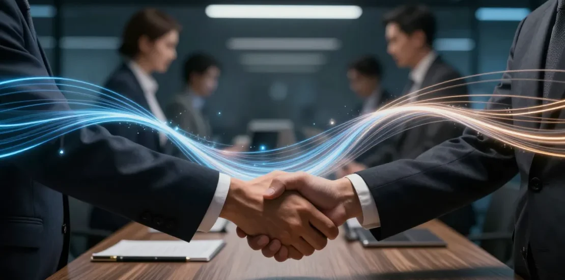 Two businesspeople handshaking with AI automation streams flowing between them replacing human workers in the background
