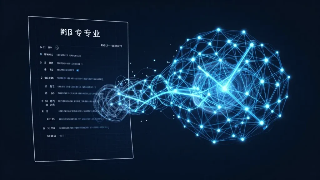 Abstract digital art of a patent document blueprint dissolving into a glowing neural network diagram on a dark background