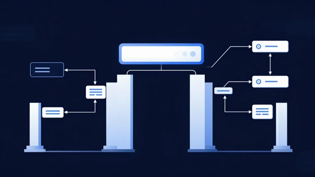 Abstract digital art of AI algorithm flows passing through patent approval gate structures in a blue and white minimalist design on a dark background